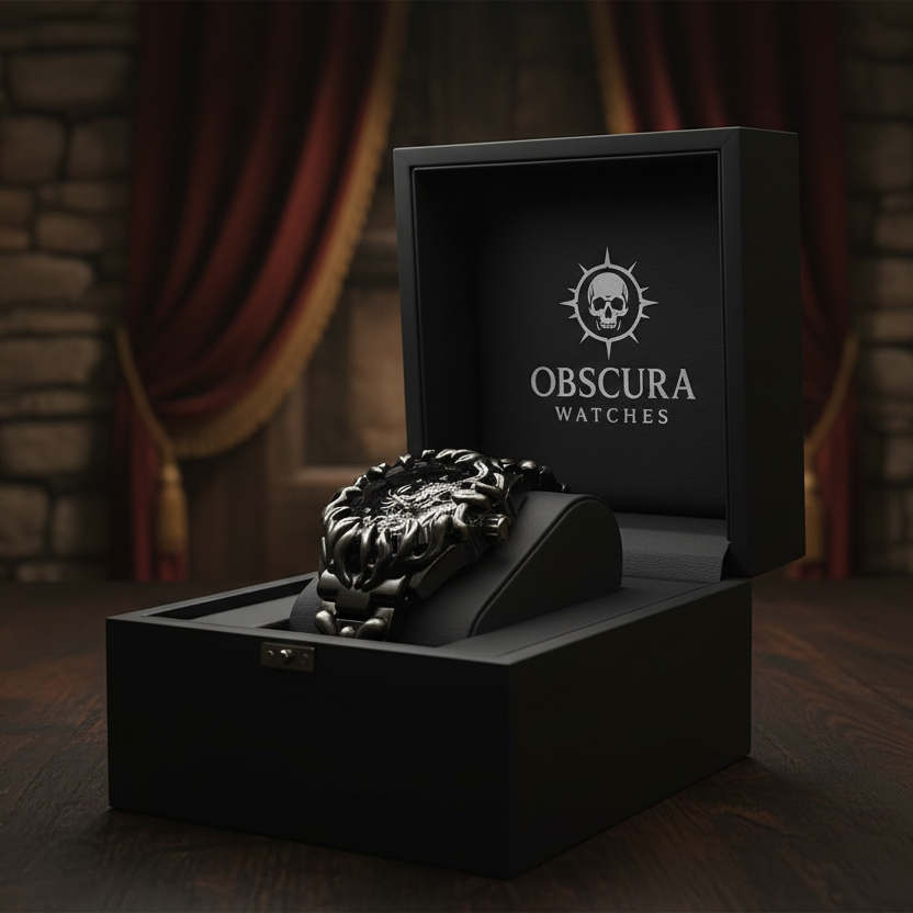 Obscura Watches - Full Black Silver Dragon Watch Gothic Box
